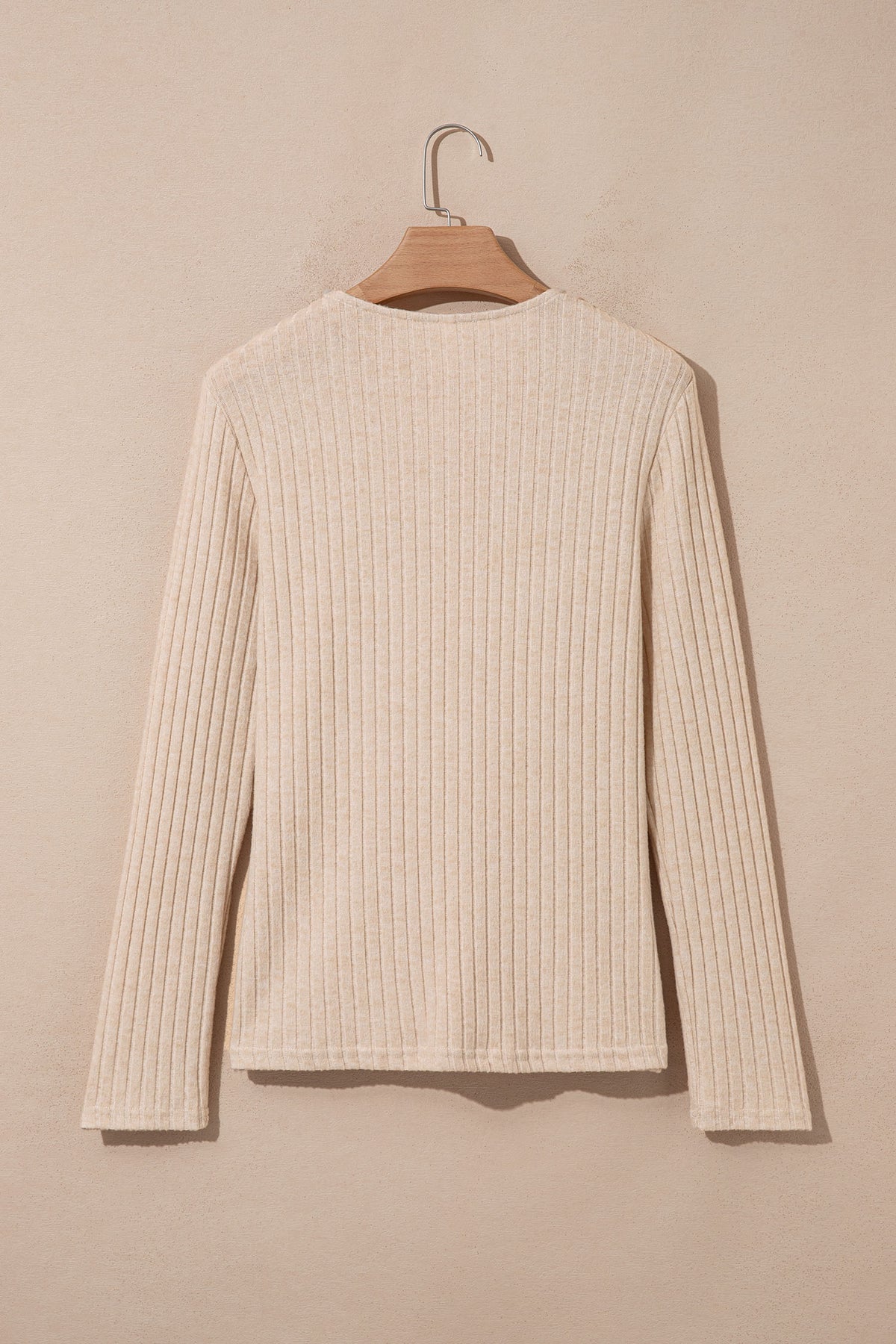Apricot Solid Color Ribbed Knit Cowl Neck Long Sleeve Top