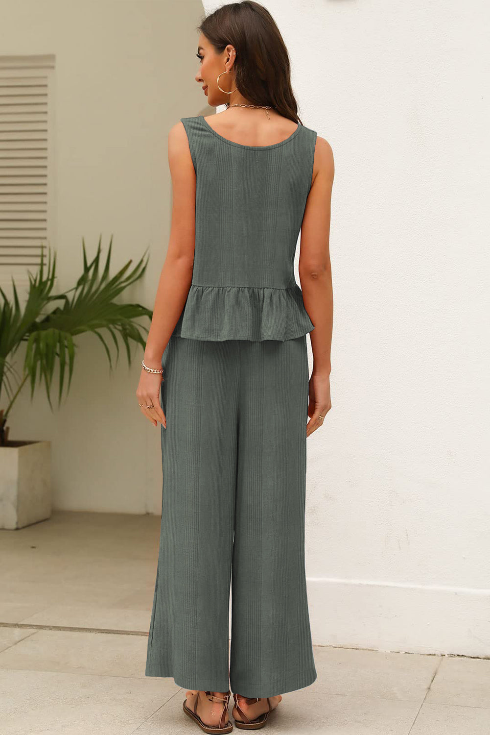 Women's Ribbed Ruffle Hem Tank Top & Wide Leg Pants Set – Casual Summer Co-ord