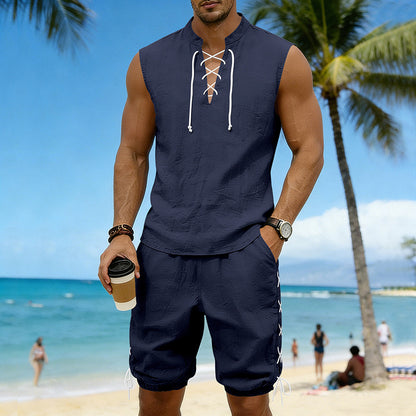 American-style Vintage Linen Sleeveless Vest And Ankle-cuff Shorts