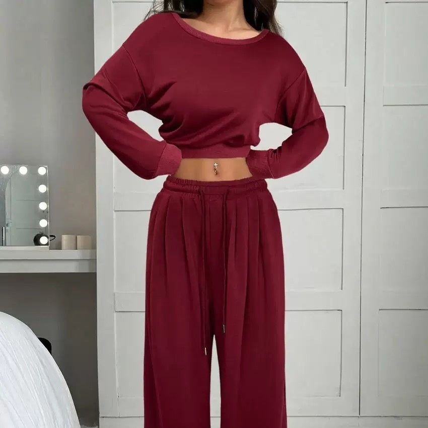 Women's hot pink off-shoulder crop sweatshirt and matching wide leg pants casual 2-piece lounge set