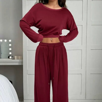Women's hot pink off-shoulder crop sweatshirt and matching wide leg pants casual 2-piece lounge set