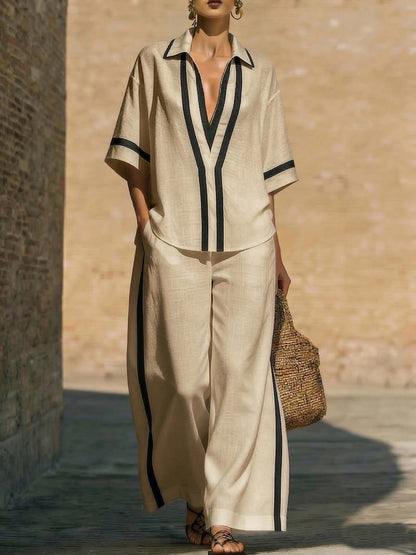 Color Block Short Sleeve Top And Wide Leg Pants Two Piece Set - Casual Summer Loose Fit Matching Outfit For Women Daily Wear