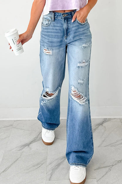 The 'Myosotis' Distressed Mid-Rise Straight Jeans