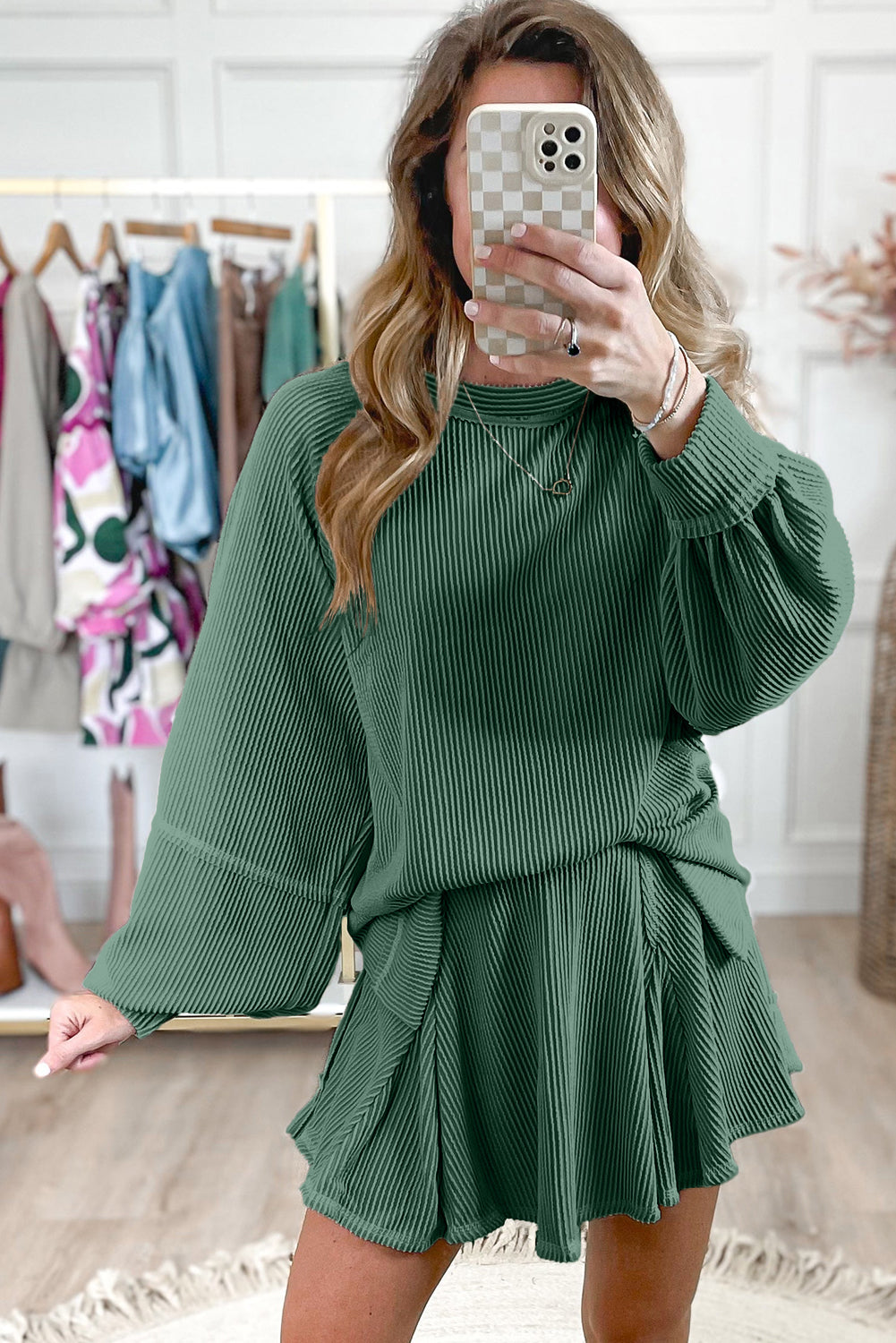 Mist Green Corded Bishop Sleeve Pullover and Ruffle Mini Skirt Set