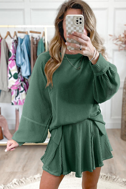 Mist Green Corded Bishop Sleeve Pullover and Ruffle Mini Skirt Set