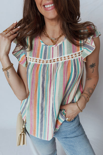 The 'Azure' Striped Lace-Insert Flutter Blouse