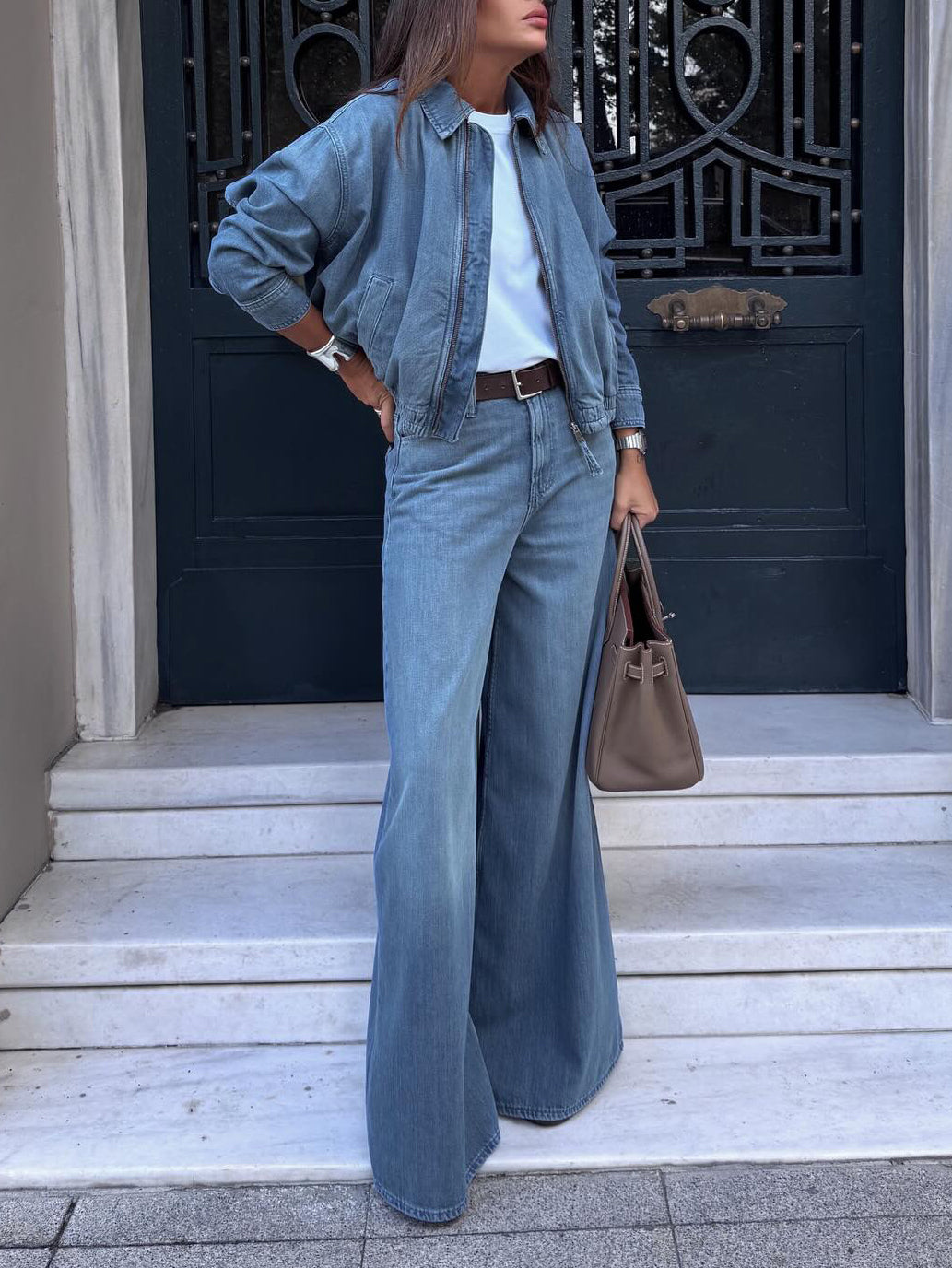 The 'Skyline-Chic' Cropped Jacket & Wide-Leg Denim Set