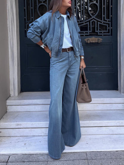The 'Skyline-Chic' Cropped Jacket & Wide-Leg Denim Set