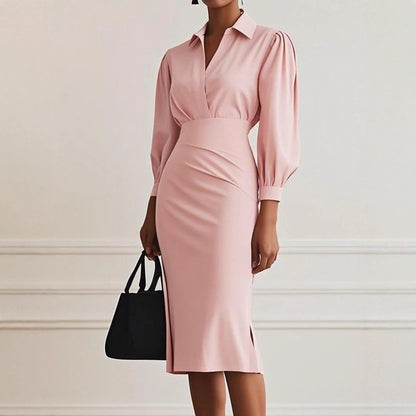 The 'Sculpted-Flow' V-Neck Pleated Midi Dress