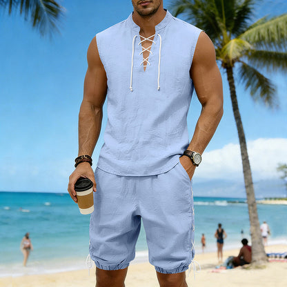 American-style Vintage Linen Sleeveless Vest And Ankle-cuff Shorts