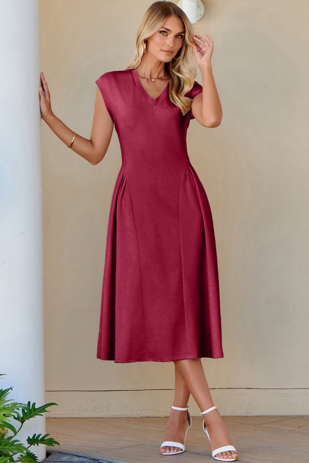 The 'Crimson-Elegance' Pleated V-Neck Midi Dress