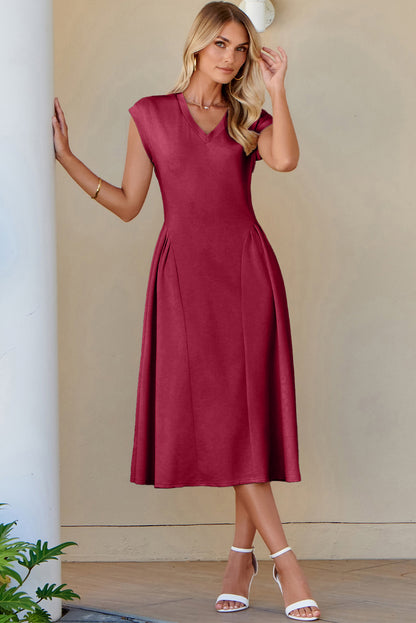 The 'Crimson-Elegance' Pleated V-Neck Midi Dress