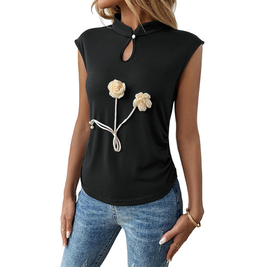 Front view of sleeveless Chinese style black top with 3D flower
