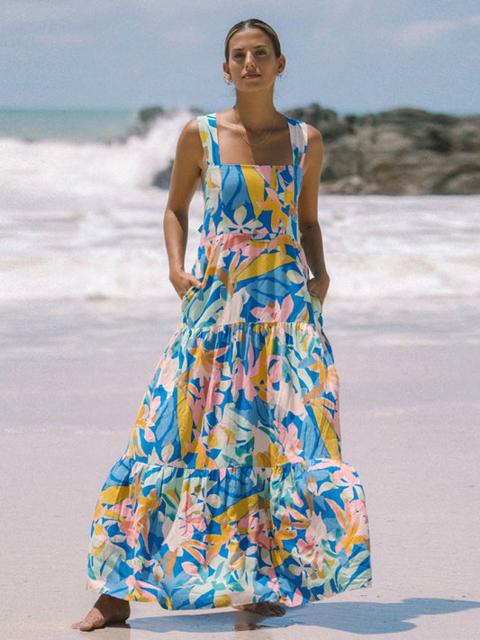 Blue and Pink Bohemian Beach Dress Front View

