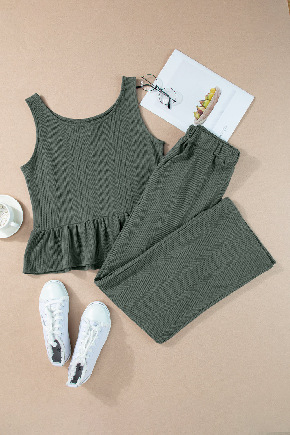 Women's Ribbed Ruffle Hem Tank Top & Wide Leg Pants Set – Casual Summer Co-ord