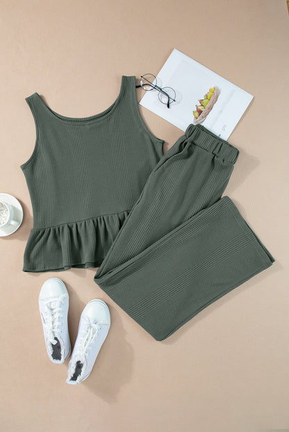 Women's Ribbed Ruffle Hem Tank Top & Wide Leg Pants Set – Casual Summer Co-ord