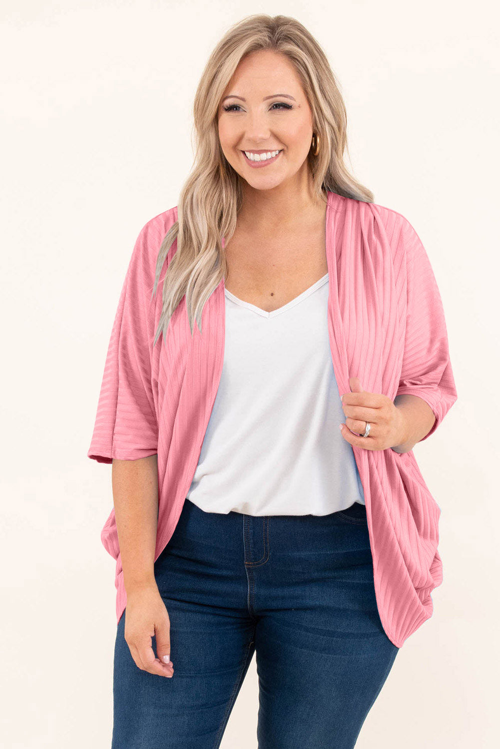The 'Radiant-Rose' Shimmer Ribbed Curve Cardigan
