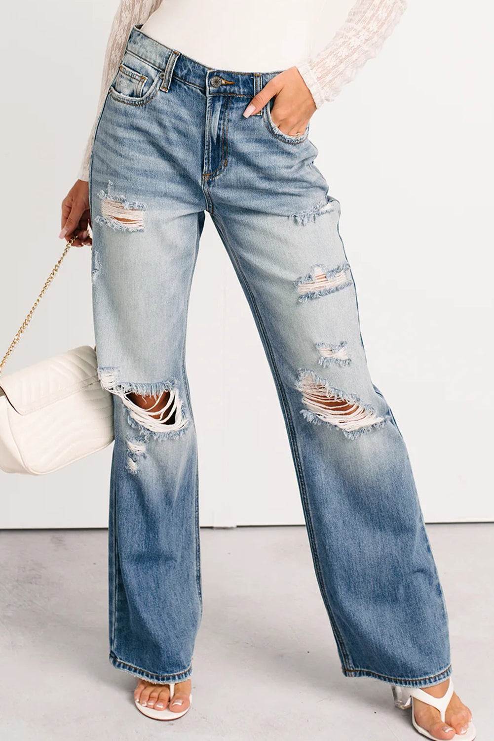 The 'Myosotis' Distressed Mid-Rise Straight Jeans