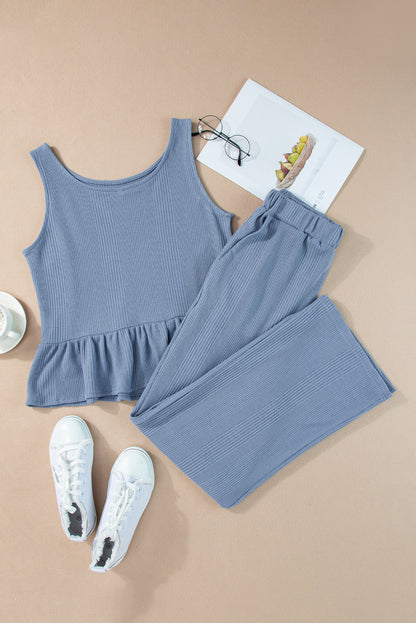 Women's Ribbed Ruffle Hem Tank Top & Wide Leg Pants Set – Casual Summer Co-ord