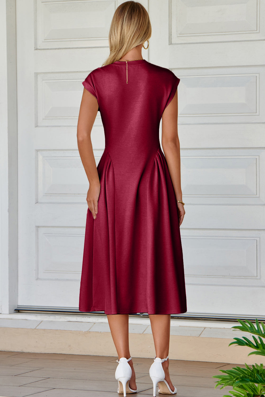 The 'Crimson-Elegance' Pleated V-Neck Midi Dress
