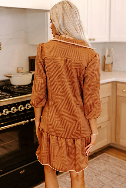 Jungle Green  Quarter Zip Collar Bracelet Sleeve Textured Mini Dress