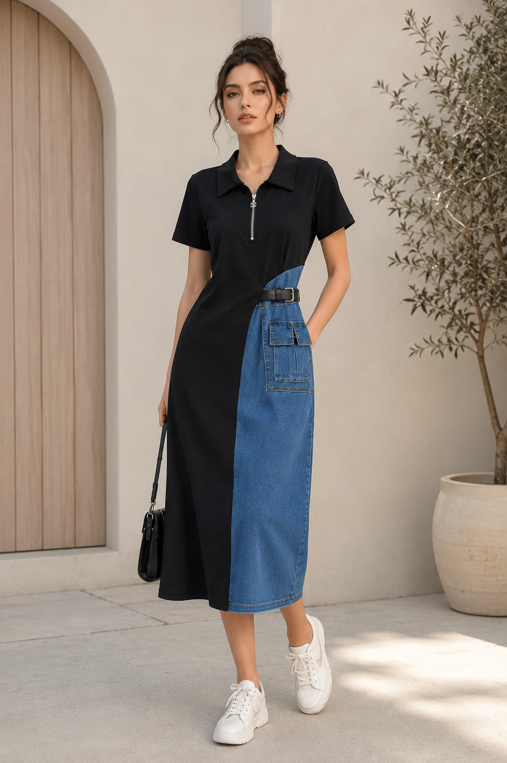 Back view of women's color block denim patchwork belted midi dress casual fashion style