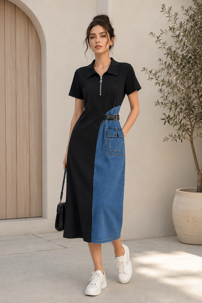 Back view of women's color block denim patchwork belted midi dress casual fashion style