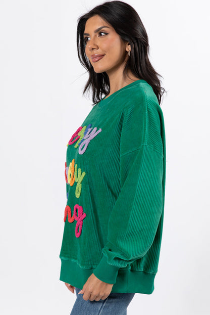 Dark Green merry everything Letter Graphic Ribbed Loose Sweatshirt