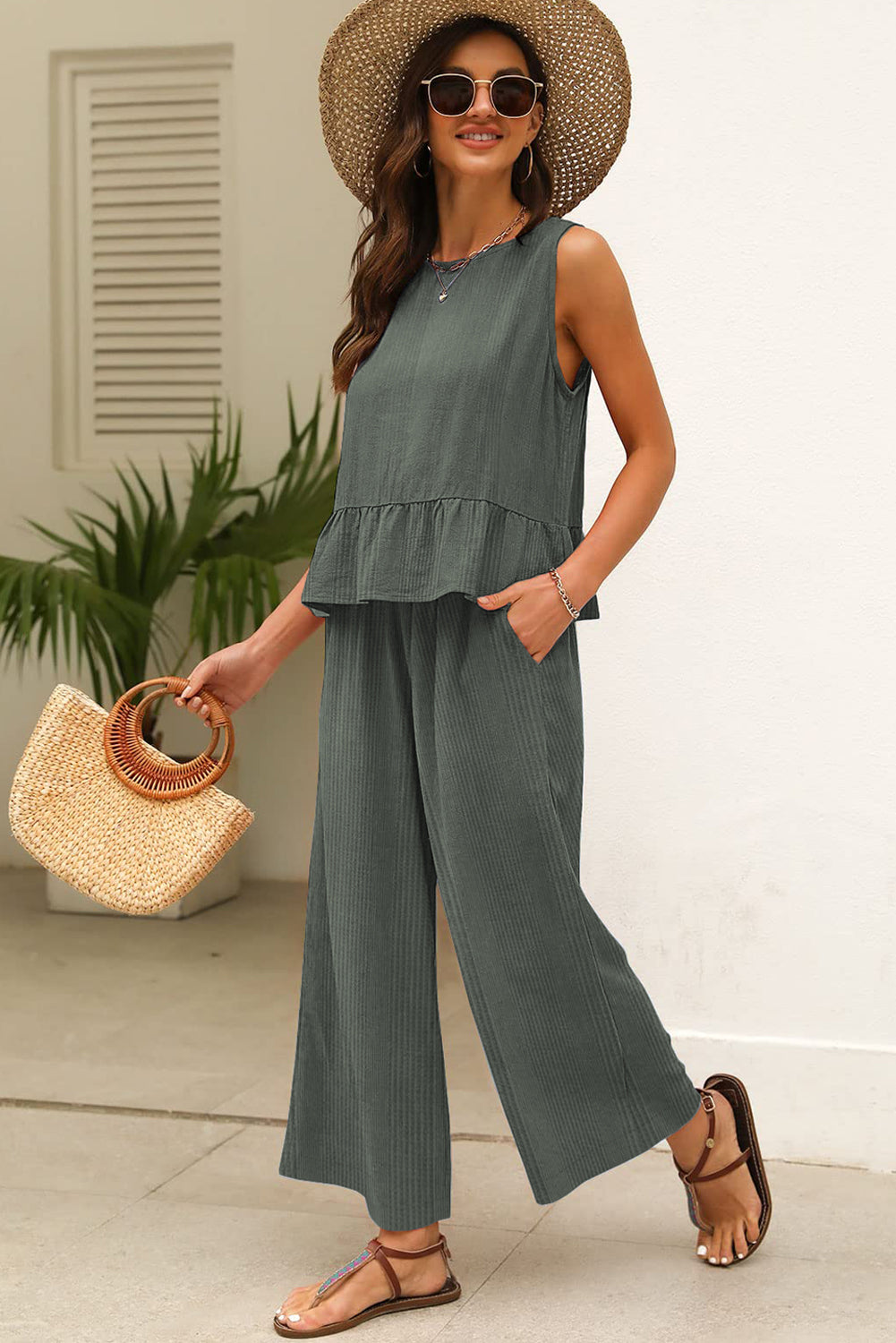 Women's Ribbed Ruffle Hem Tank Top & Wide Leg Pants Set – Casual Summer Co-ord