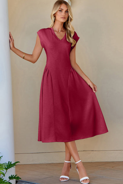 The 'Crimson-Elegance' Pleated V-Neck Midi Dress