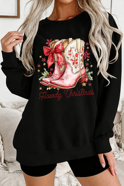 Black Howdy Christmas Boots Heat Transfer Printing Baggy Sweatshirt