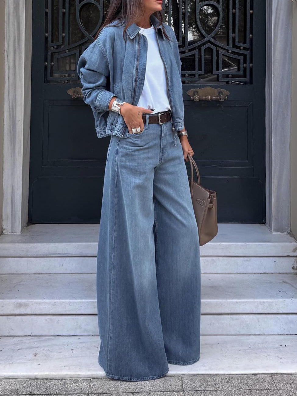 The 'Skyline-Chic' Cropped Jacket & Wide-Leg Denim Set