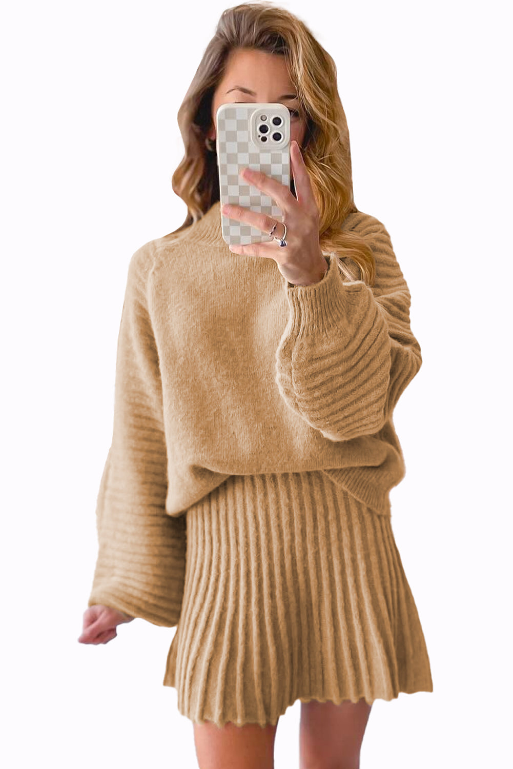 Smoke Gray Lantern Sleeve Sweater Pleated Knitted Mini Skirt Set