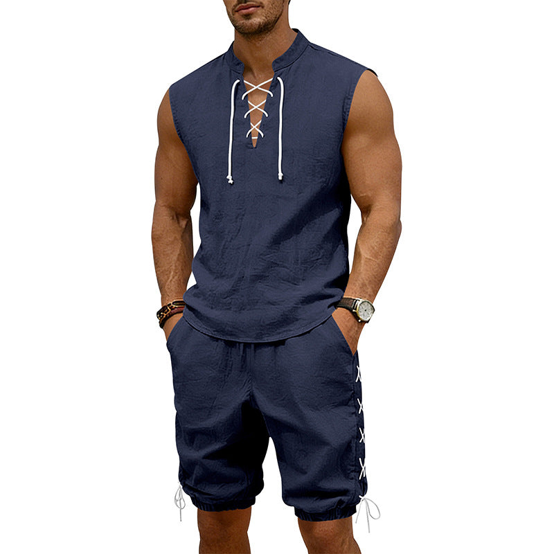 American-style Vintage Linen Sleeveless Vest And Ankle-cuff Shorts