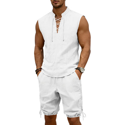 American-style Vintage Linen Sleeveless Vest And Ankle-cuff Shorts