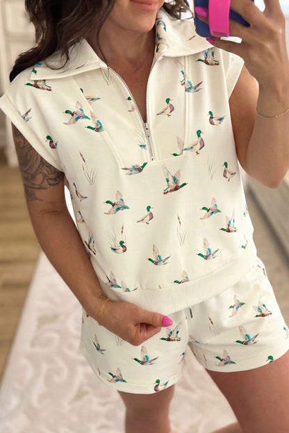 Women's Mallard Duck Print Zip Polo Top & Shorts Set – Casual Summer Co-ord