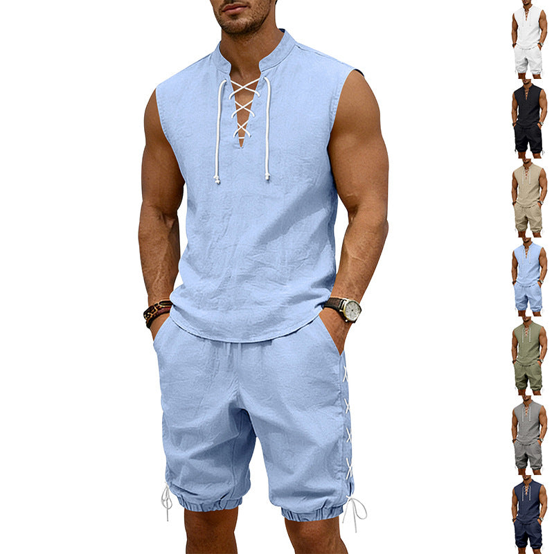 American-style Vintage Linen Sleeveless Vest And Ankle-cuff Shorts