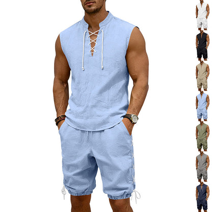 American-style Vintage Linen Sleeveless Vest And Ankle-cuff Shorts