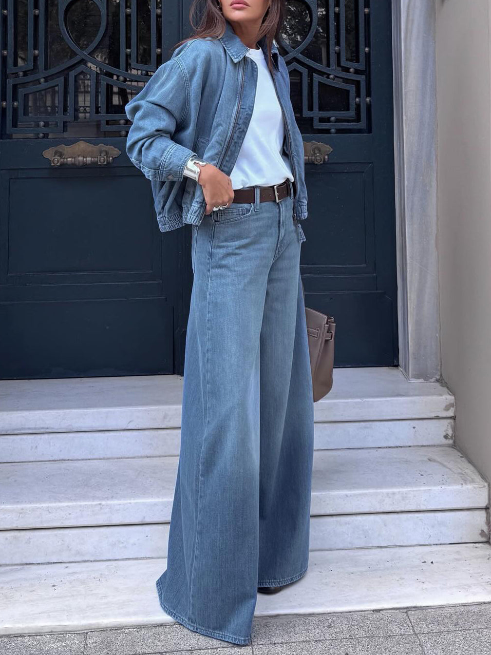 The 'Skyline-Chic' Cropped Jacket & Wide-Leg Denim Set