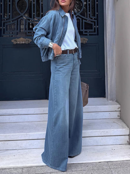 The 'Skyline-Chic' Cropped Jacket & Wide-Leg Denim Set