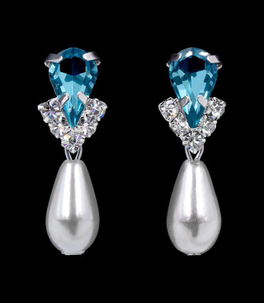 #5538AQUAS - Rhinestone Pear V Pearl Drop Earrings - AQUA Silver Plated-0