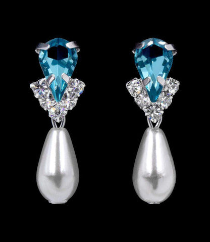 #5538AQUAS - Rhinestone Pear V Pearl Drop Earrings - AQUA Silver Plated-0