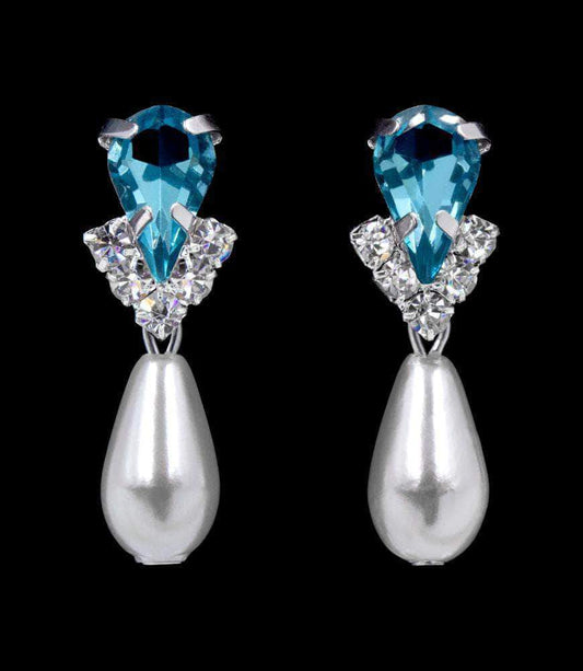 #5538AQUAS - Rhinestone Pear V Pearl Drop Earrings - AQUA Silver Plated-0