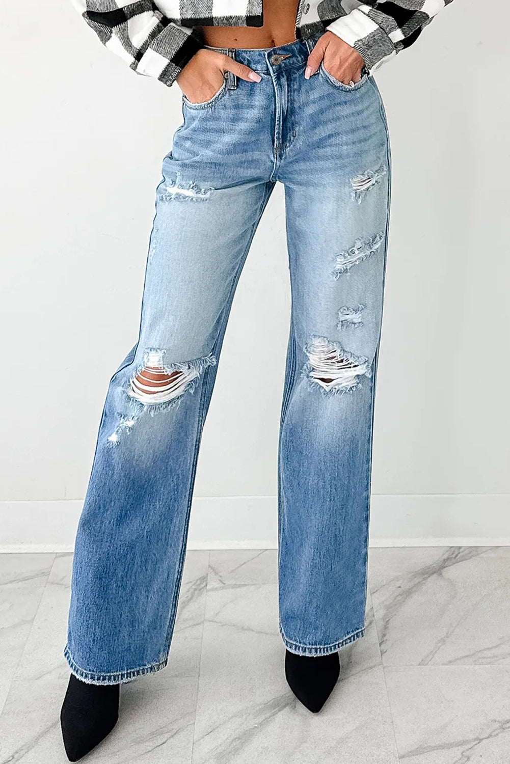The 'Myosotis' Distressed Mid-Rise Straight Jeans