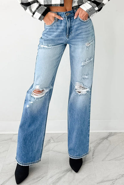 The 'Myosotis' Distressed Mid-Rise Straight Jeans