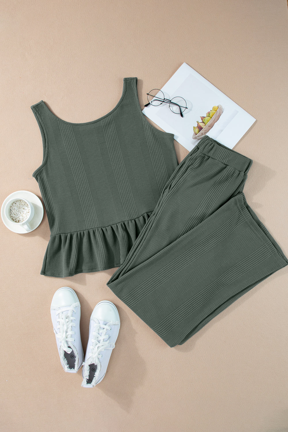 Women's Ribbed Ruffle Hem Tank Top & Wide Leg Pants Set – Casual Summer Co-ord