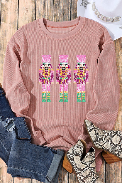 Pink Nutcracker Graphic Sequins Patch Mineral Wash Corded Sweatshirt