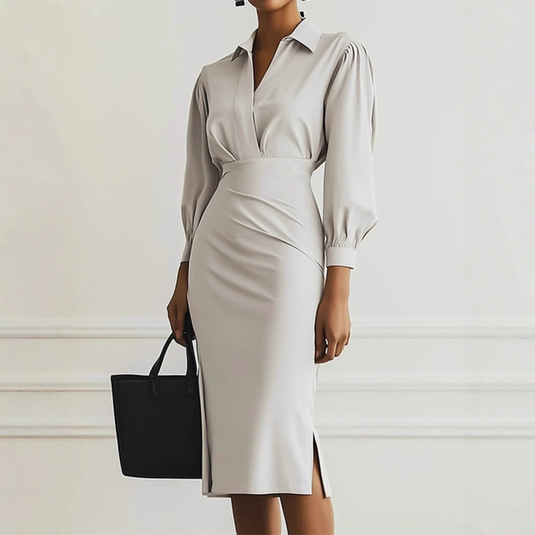 The 'Sculpted-Flow' V-Neck Pleated Midi Dress
