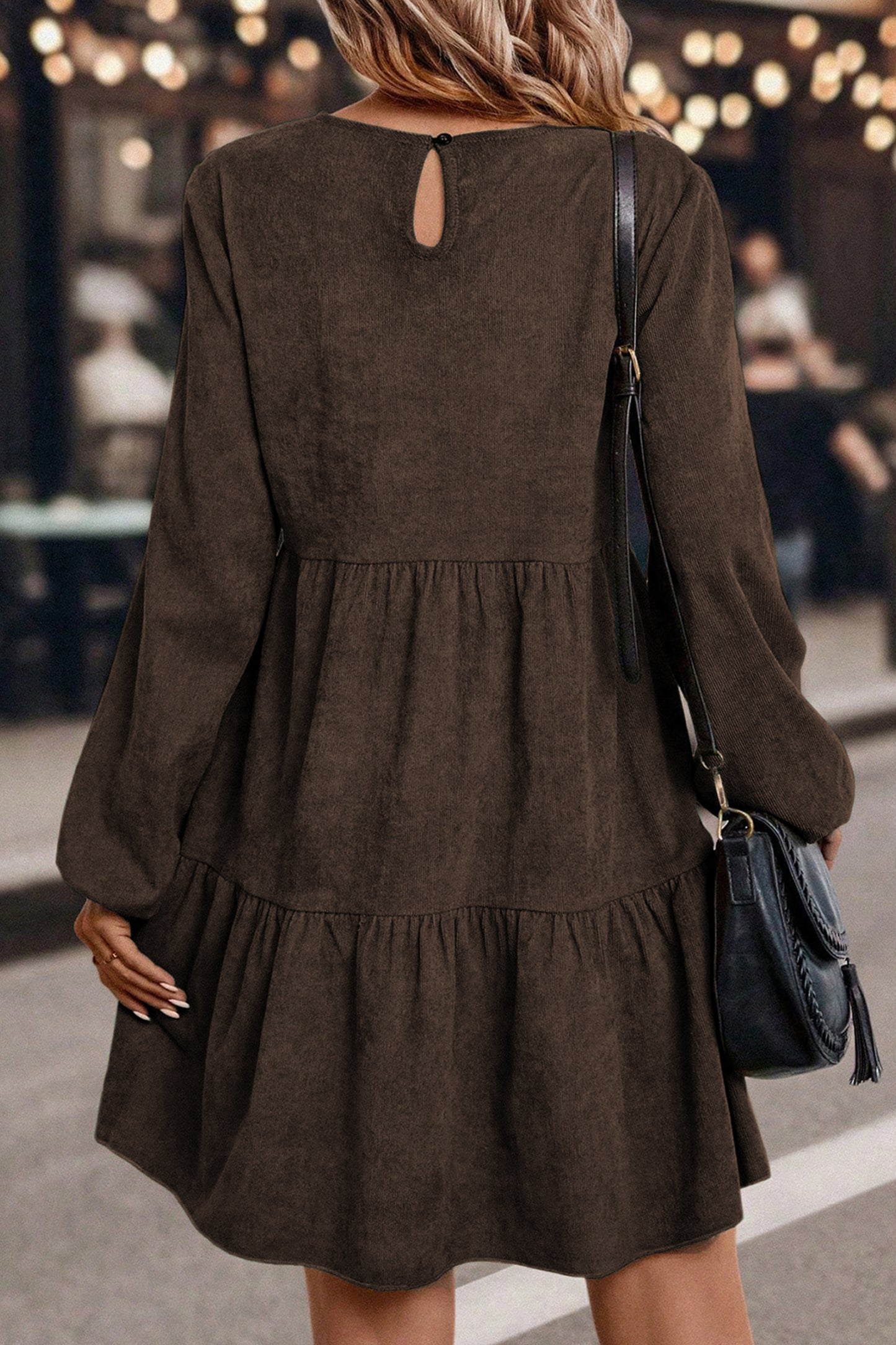 The 'Willow' Dark Brown Lantern Sleeve Tiered Mini Dress