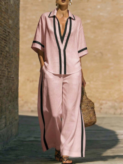 Color Block Short Sleeve Top And Wide Leg Pants Two Piece Set - Casual Summer Loose Fit Matching Outfit For Women Daily Wear